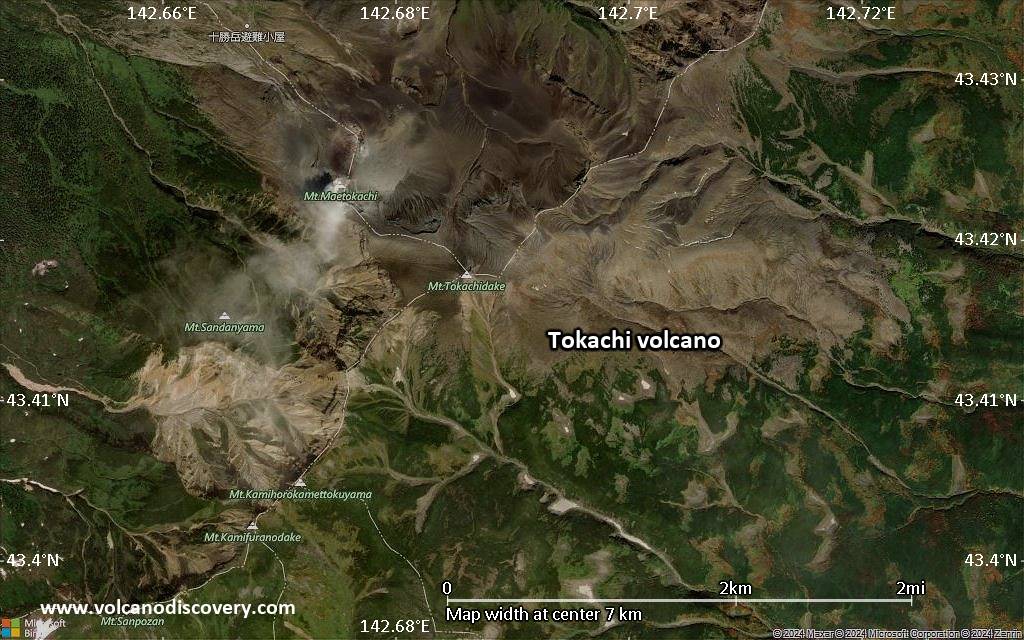 Satellite/aerial-type map of Tokachi volcano (scale of 5-10 km)