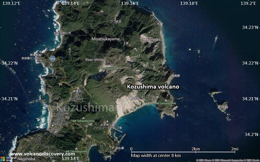 Satellite/aerial-type map of Kozushima volcano (scale of 5-10 km)
