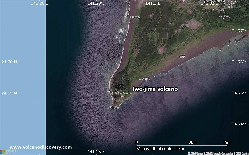 Satellite/aerial-type map of Iwo-jima volcano (scale of 5-10 km)