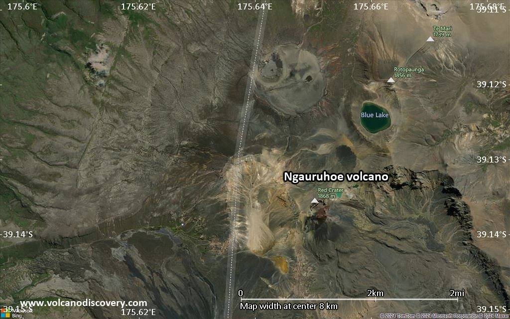 Satellite/aerial-type map of Ngauruhoe volcano (scale of 5-10 km)