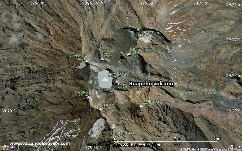 Satellite/aerial-type map of Ruapehu volcano (scale of 5-10 km)