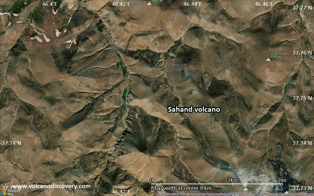 Satellite/aerial-type map of Sahand volcano (scale of 5-10 km)
