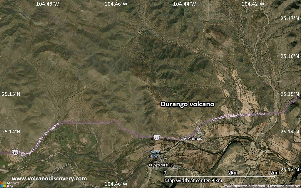 Satellite/aerial-type map of Durango volcano (scale of 5-10 km)
