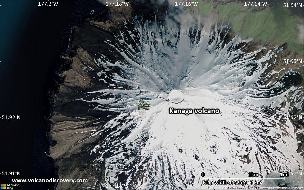 Satellite/aerial-type map of Kanaga volcano (scale of 5-10 km)