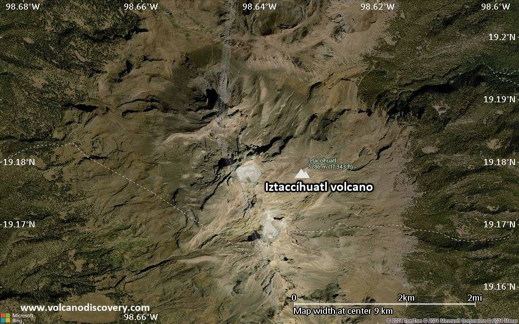 Satellite/aerial-type map of Iztaccíhuatl volcano (scale of 5-10 km)