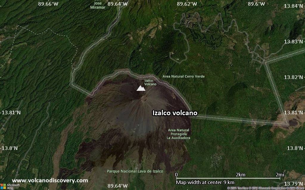 Satellite/aerial-type map of Izalco volcano (scale of 5-10 km)