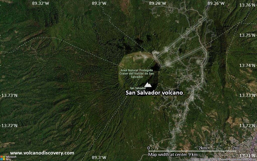 Satellite/aerial-type map of San Salvador volcano (scale of 5-10 km)