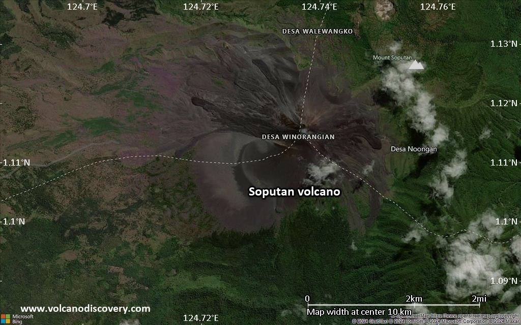Satellite/aerial-type map of Soputan volcano (scale of 5-10 km)