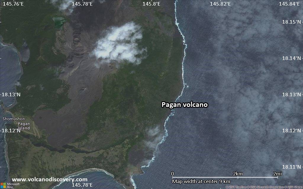 Satellite/aerial-type map of Pagan volcano (scale of 5-10 km)