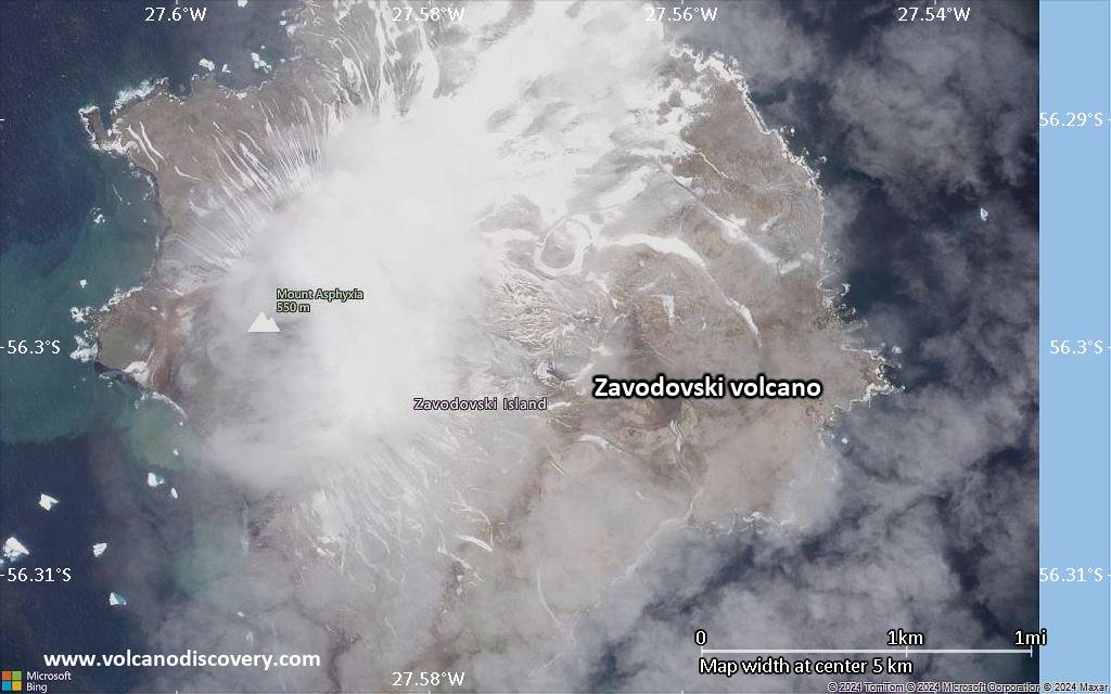 Satellite/aerial-type map of Zavodovski volcano (scale of 5-10 km)