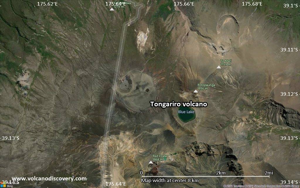 Satellite/aerial-type map of Tongariro volcano (scale of 5-10 km)