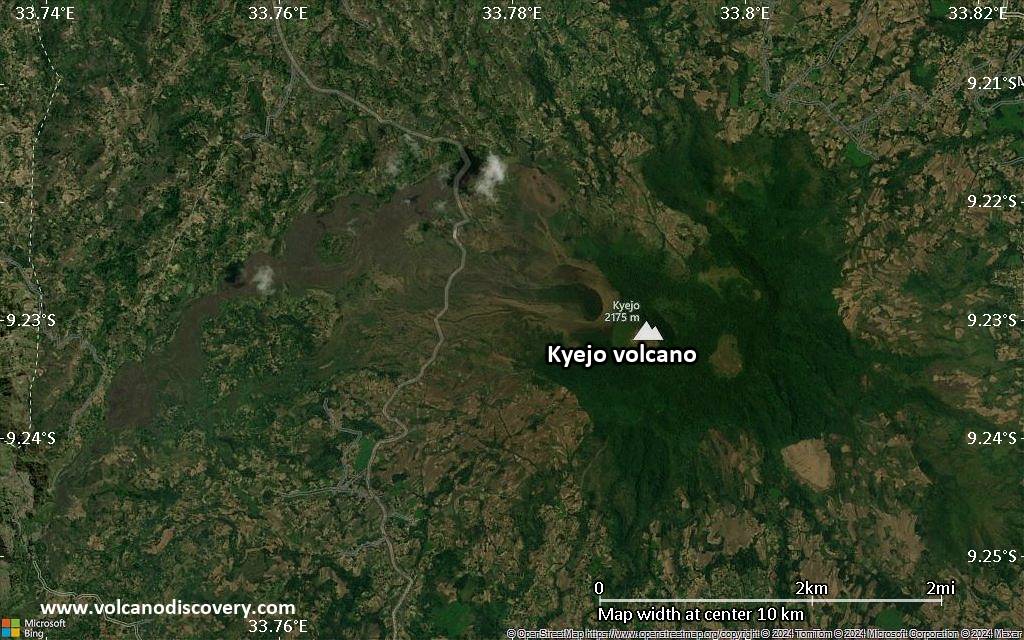 Satellite/aerial-type map of Kyejo volcano (scale of 5-10 km)