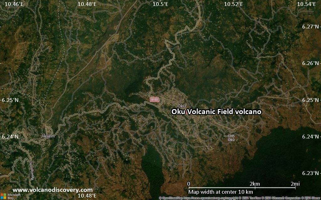 Satellite/aerial-type map of Oku Volcanic Field volcano (scale of 5-10 km)