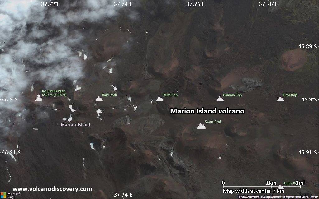 Satellite/aerial-type map of Marion Island volcano (scale of 5-10 km)
