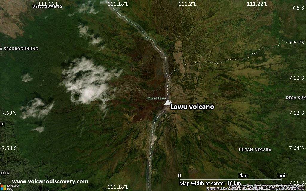 Satellite/aerial-type map of Lawu volcano (scale of 5-10 km)