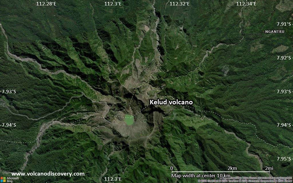 Satellite/aerial-type map of Kelud volcano (scale of 5-10 km)