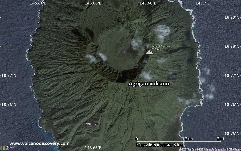 Satellite/aerial-type map of Agrigan volcano (scale of 5-10 km)