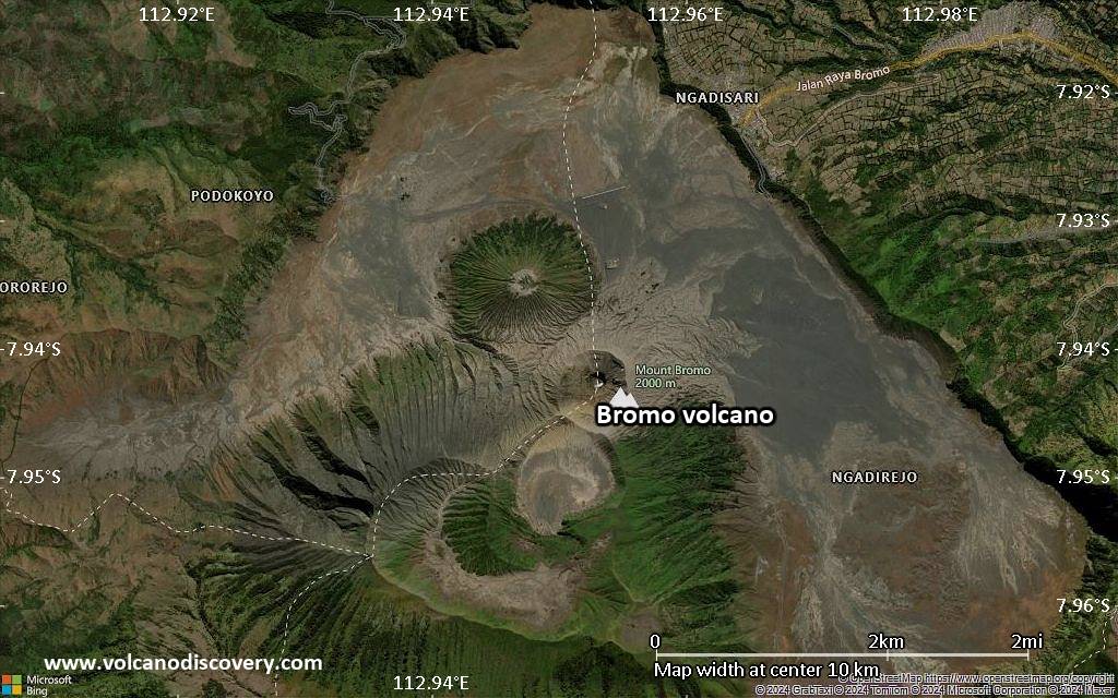 Satellite/aerial-type map of Bromo volcano (scale of 5-10 km)