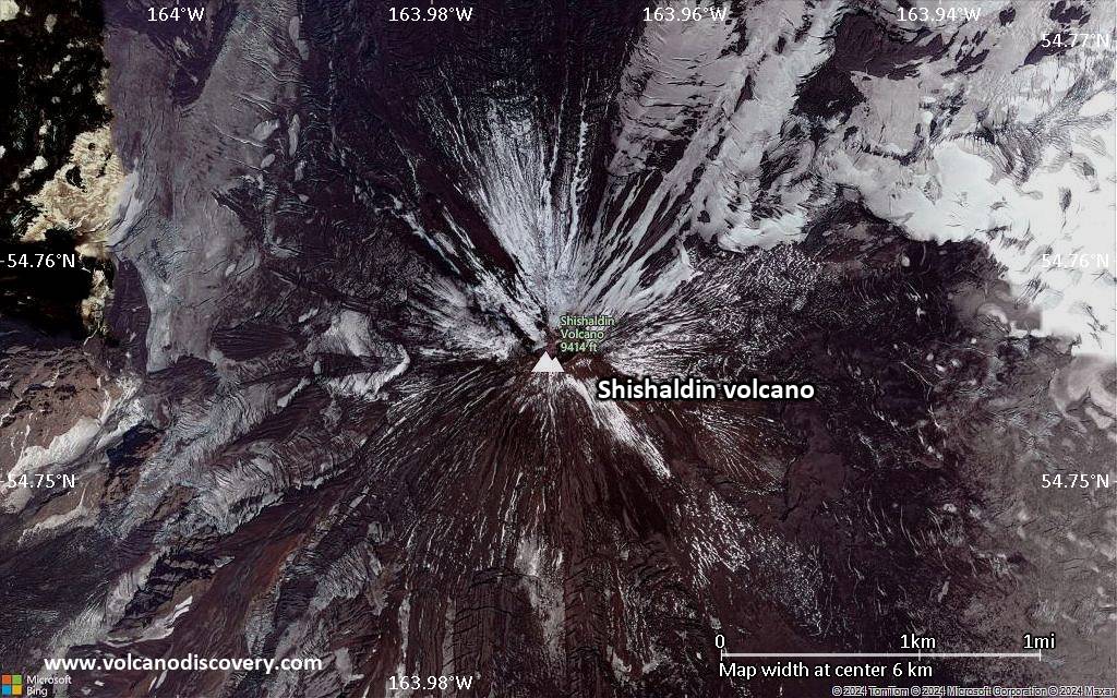 Satellite/aerial-type map of Shishaldin volcano (scale of 5-10 km)