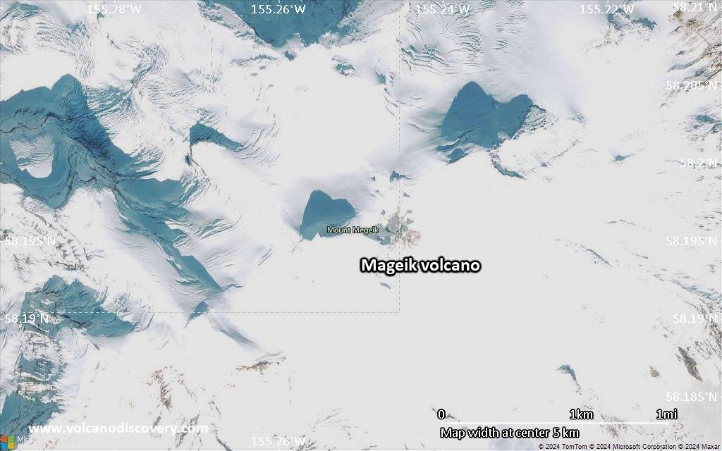 Satellite/aerial-type map of Mageik volcano (scale of 5-10 km)