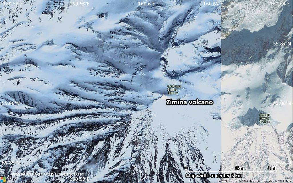 Satellite/aerial-type map of Zimina volcano (scale of 5-10 km)