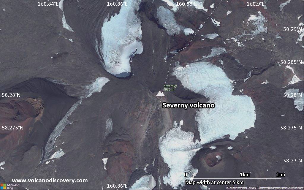 Satellite/aerial-type map of Severny volcano (scale of 5-10 km)
