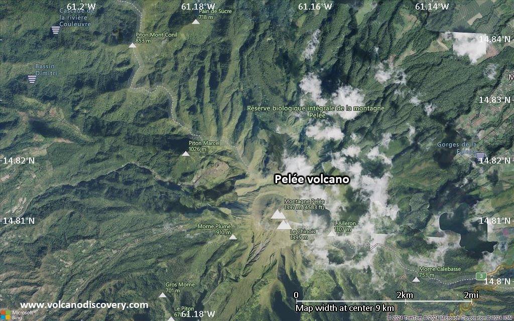 Satellite/aerial-type map of Pelée volcano (scale of 5-10 km)