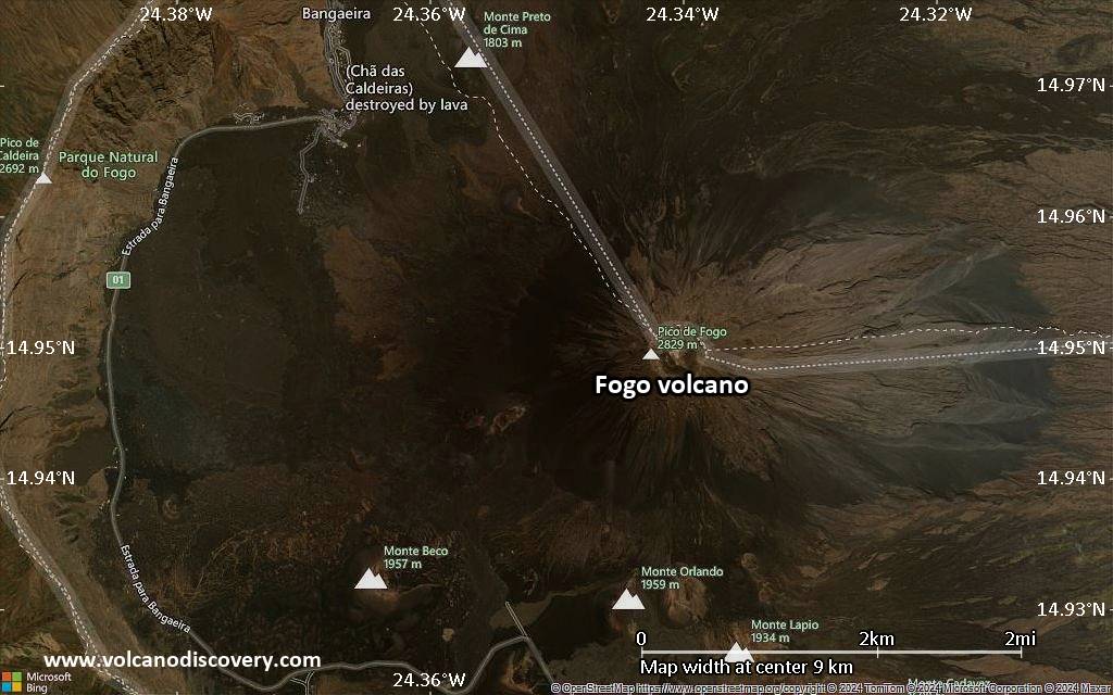 Satellite/aerial-type map of Fogo volcano (scale of 5-10 km)