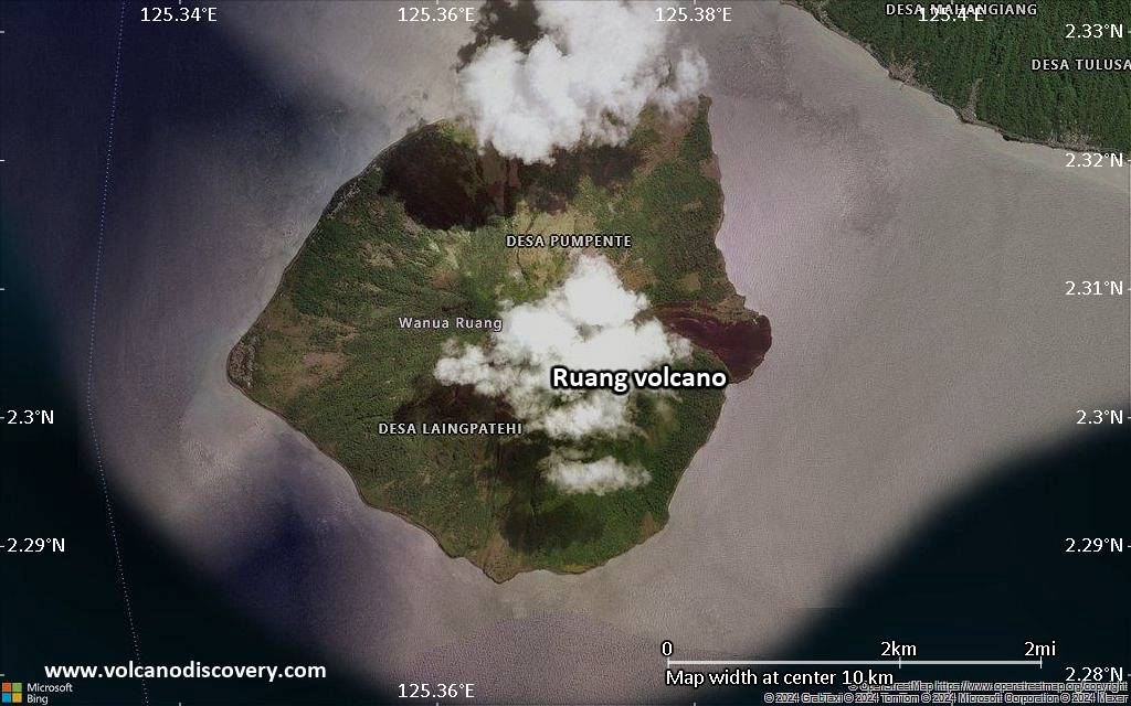 Satellite/aerial-type map of Ruang volcano (scale of 5-10 km)