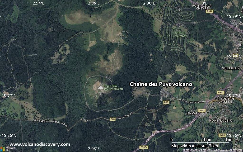 Satellite/aerial-type map of Chaîne des Puys volcano (scale of 5-10 km)