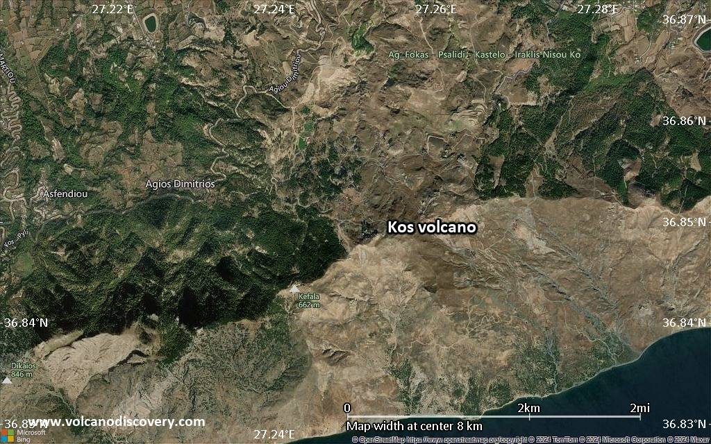 Satellite/aerial-type map of Kos volcano (scale of 5-10 km)