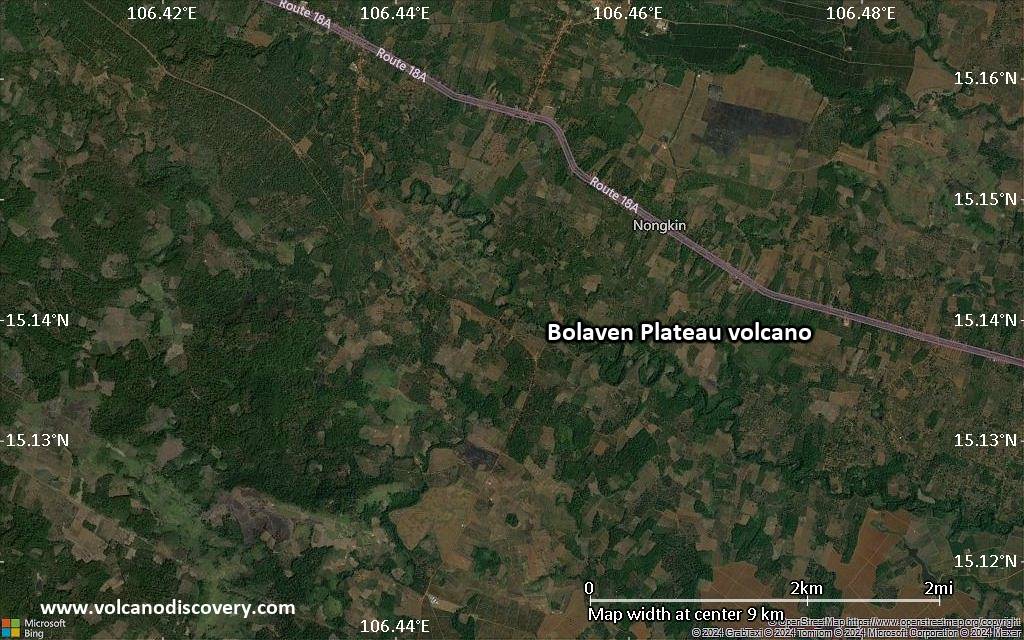Satellite/aerial-type map of Bolaven Plateau volcano (scale of 5-10 km)