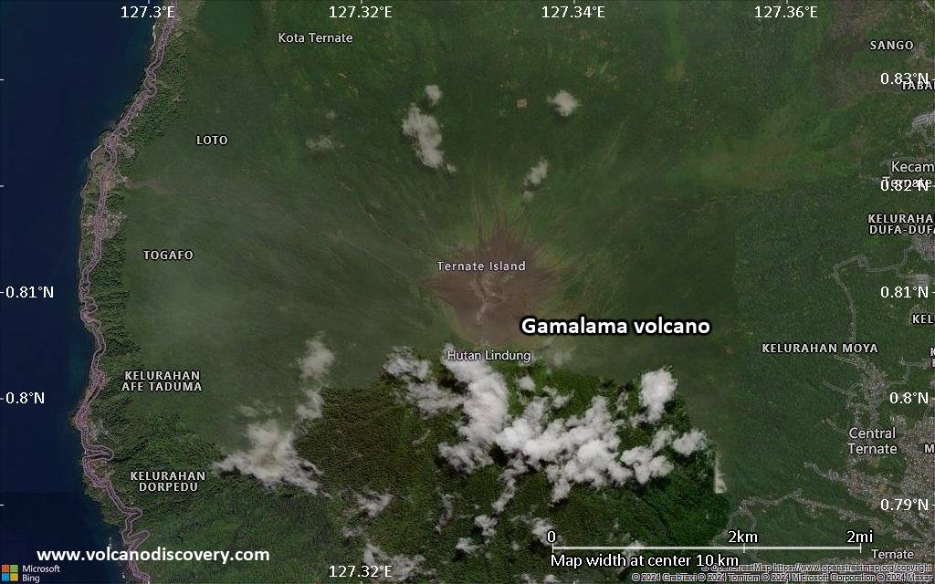 Satellite/aerial-type map of Gamalama volcano (scale of 5-10 km)