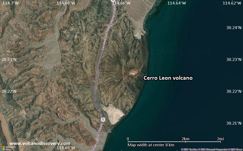 Satellite/aerial-type map of Cerro Leon volcano (scale of 5-10 km)