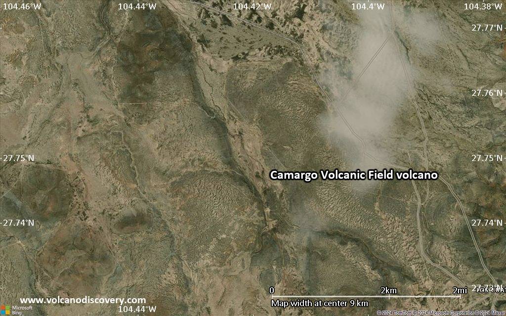 Satellite/aerial-type map of Camargo Volcanic Field volcano (scale of 5-10 km)