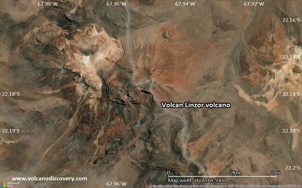 Satellite/aerial-type map of Volcan Linzor volcano (scale of 5-10 km)