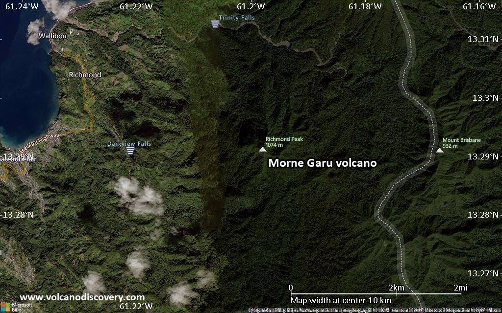 Satellite/aerial-type map of Morne Garu volcano (scale of 5-10 km)