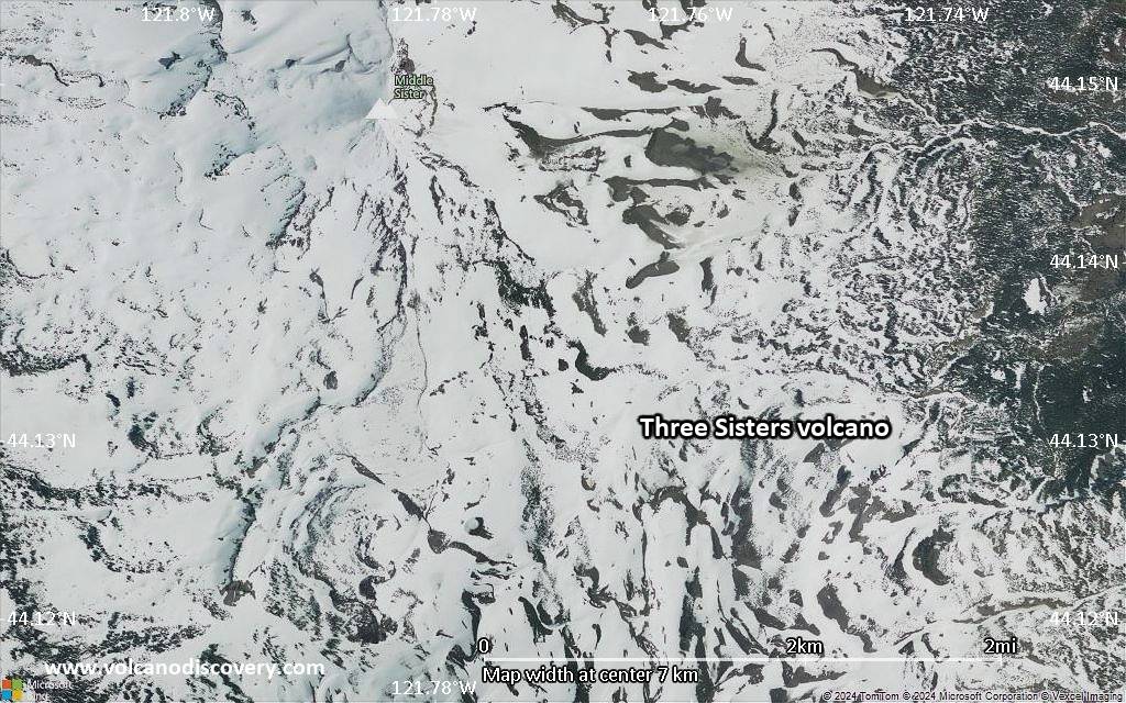 Satellite/aerial-type map of Three Sisters volcano (scale of 5-10 km)