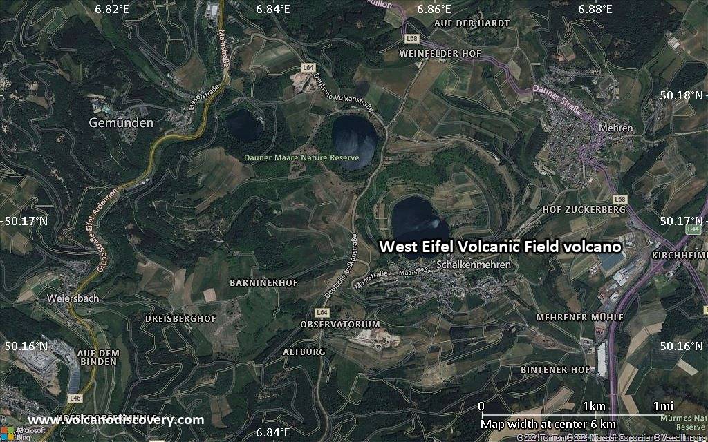 Satellite/aerial-type map of West Eifel Volcanic Field volcano (scale of 5-10 km)