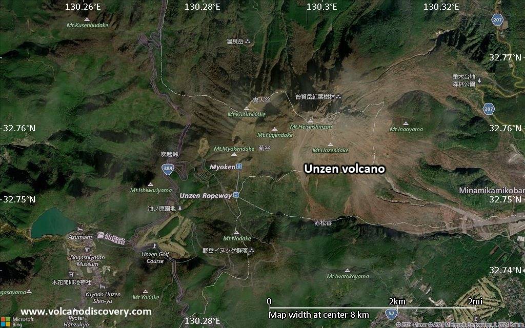 Satellite/aerial-type map of Unzen volcano (scale of 5-10 km)