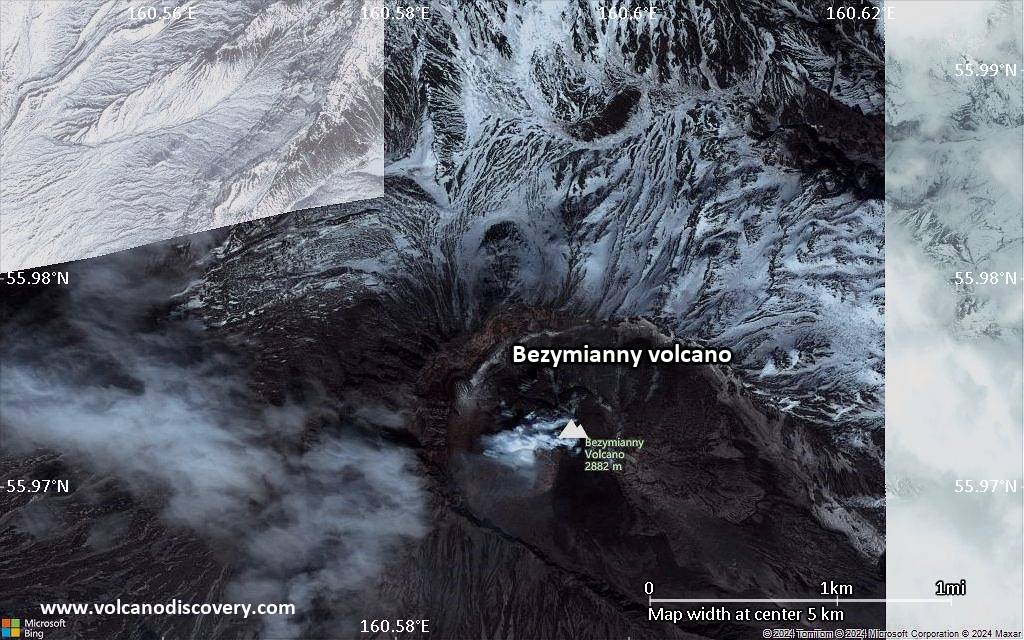 Satellite/aerial-type map of Bezymianny volcano (scale of 5-10 km)
