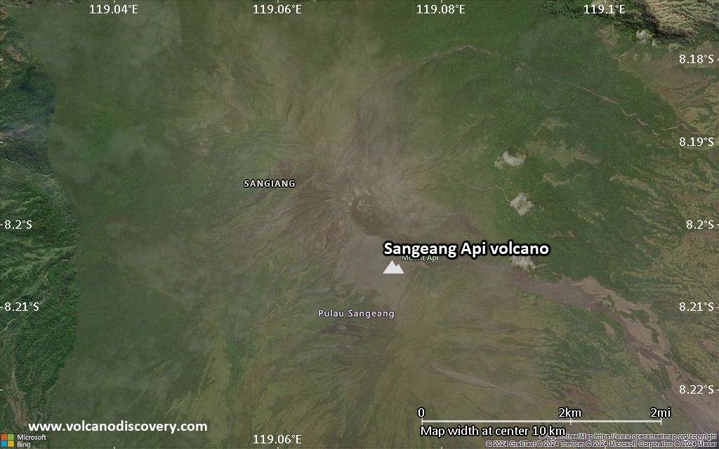 Satellite/aerial-type map of Sangeang Api volcano (scale of 5-10 km)