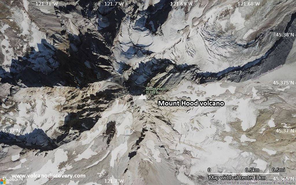 Satellite/aerial-type map of Mount Hood volcano (scale of few kilometers)