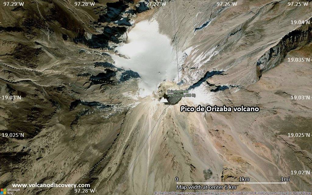 Satellite/aerial-type map of Pico de Orizaba volcano (scale of few kilometers)