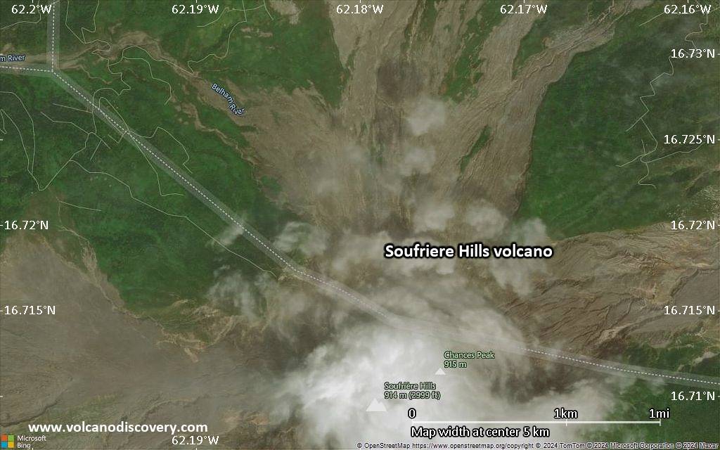 Satellite/aerial-type map of Soufriere Hills volcano (scale of few kilometers)