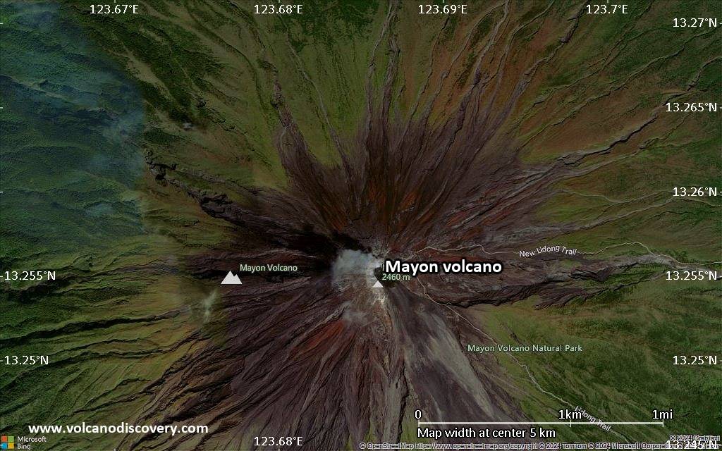 Satellite/aerial-type map of Mayon volcano (scale of few kilometers)