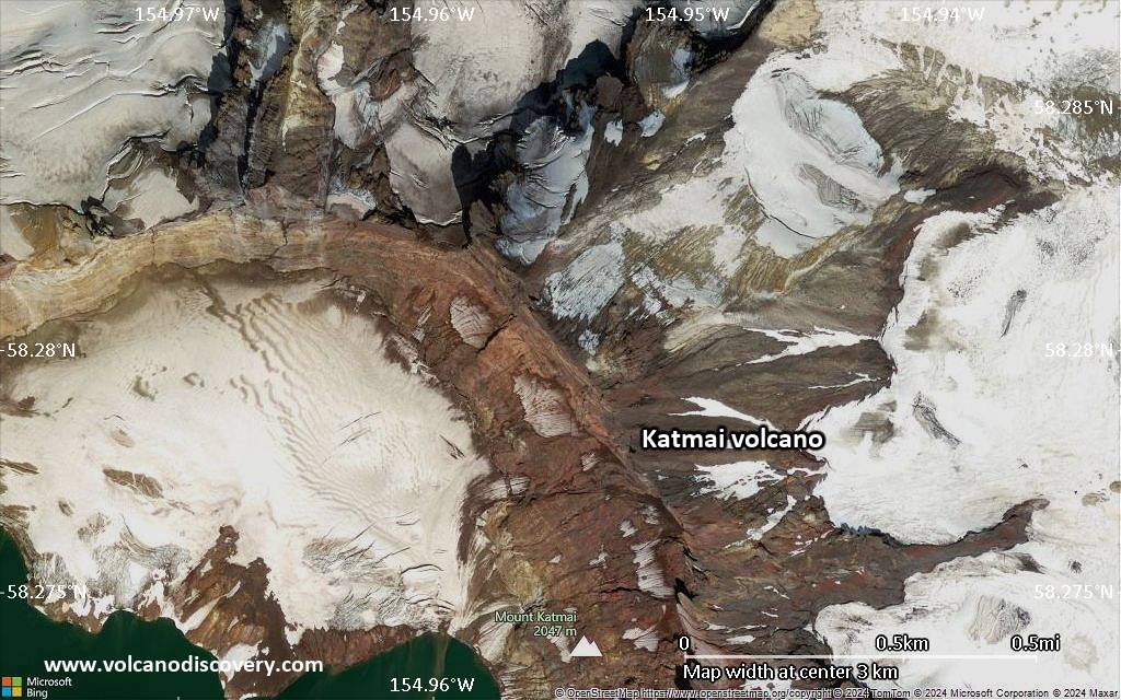 Satellite/aerial-type map of Katmai volcano (scale of few kilometers)