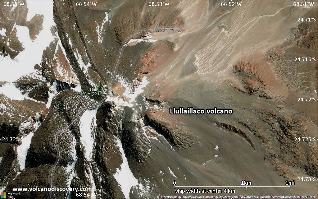 Satellite/aerial-type map of Llullaillaco volcano (scale of few kilometers)