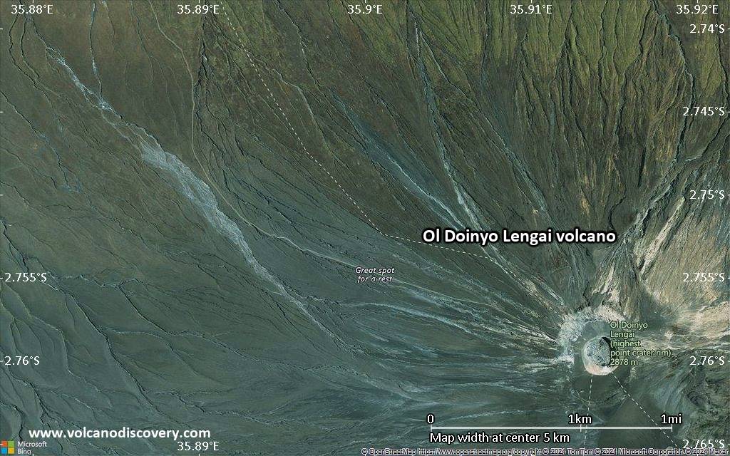 Satellite/aerial-type map of Ol Doinyo Lengai volcano (scale of few kilometers)