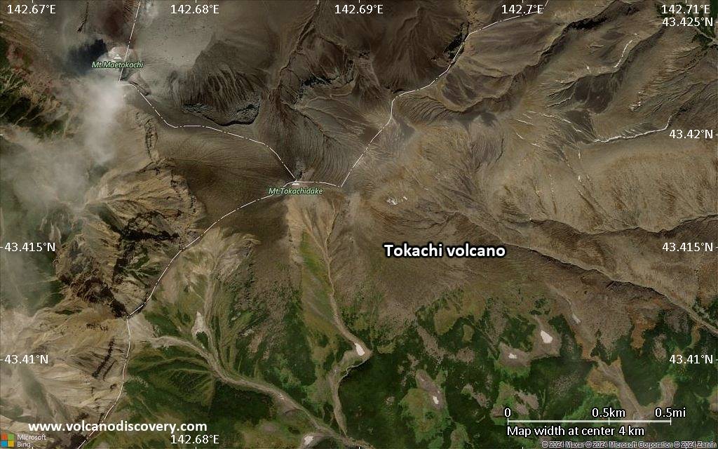 Satellite/aerial-type map of Tokachi volcano (scale of few kilometers)